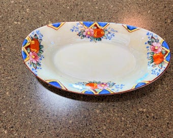 Vintage Trico Nagoya Japan Hand Painted Lusterware Floral Trinket Dish Oval