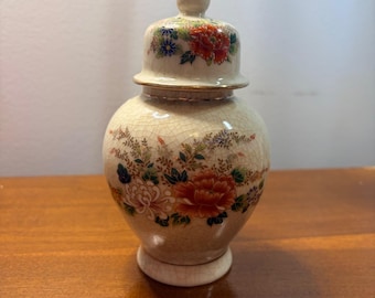 Vintage Crackle Glaze Ginger Jar Floral Porcelain Lidded Vase Gold Trim 6.5"