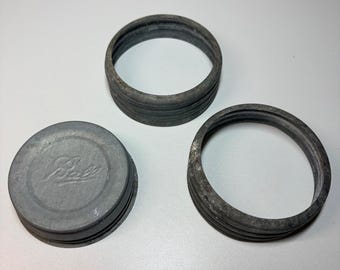 Vintage Ball Zinc Mason Jar Lids Gray Metal Rings Set of 3