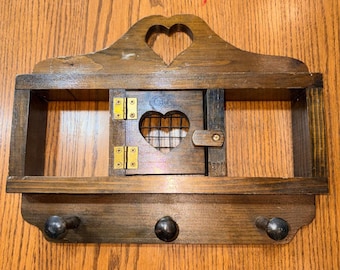 Handcrafted G Lett Wood Wall Shelf Heart Cutouts Wire Door 3 Peg Hooks Rustic