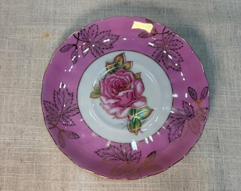 Vintage Royal Halsey Fine China Pink Rose Saucer Gold Gilt Scalloped Edge 6 in