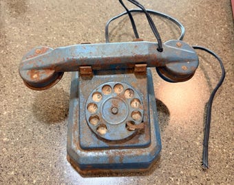 Vintage Blue Metal Rotary Dial Telephone Antique Industrial Decor Rusted Patina