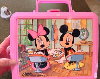 Vintage Aladdin Mickey Minnie Mouse Pink Plastic Lunch Box Back to School USA