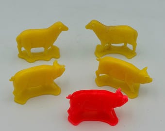 Vintage Plastic Farm Animal Figurines Lot Yellow Pig Sheep Pink Pig