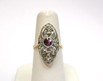 18K Yellow and White Gold Diamond and Ruby Navette Ring