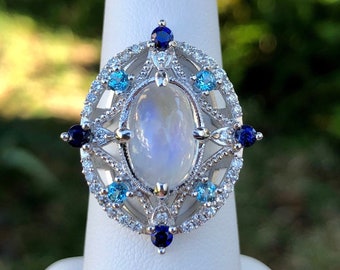 14K White Gold Moonstone, Sapphire, Aquamarine and Diamond Ring