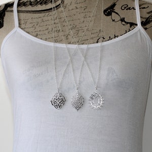 Filigree Pendant Long Chain Necklace, Silver / Gold Boho Necklaces, Custom Pendant; Teardrop, Marquis or Mehendi, Jewelry Gift Idea for Her