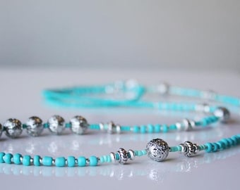 Long Turquoise Seed Bead Necklace, Boho Bohemian Jewelry, Blue Beaded Necklace, Handmade Jewellery
