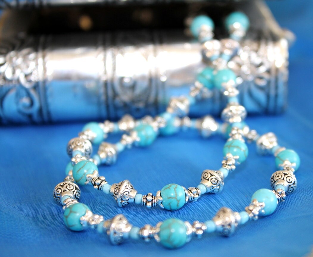 Boho Turquoise Beaded Long Necklace Silver Chain