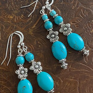 Silver Flower Earrings, Boho Turquoise Dangle Earrings, Artisan Made Flowerchild Style Jewelry, Womens Festival Clothing, Everyday Earrings