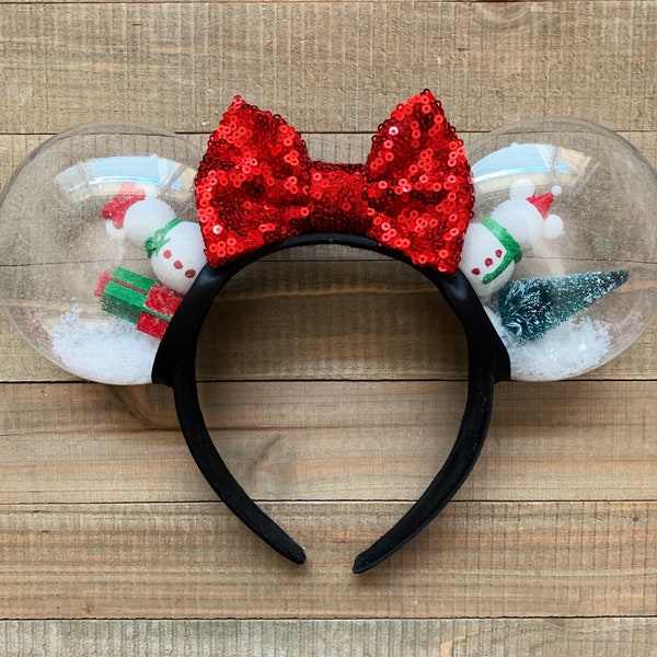 Mickey and Minnie Snowman Snowglobe Christmas Minnie Ears