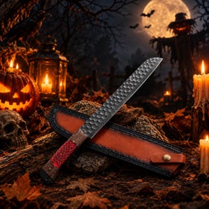 May include: A fixed-blade knife with a hammered, textured metal finish on the blade. The handle is made of dark wood with a red, honeycomb-patterned inlay. The knife is accompanied by a brown leather sheath featuring black stitching and a metal snap.