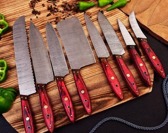 Juego de cuchillos de chef de Damasco hechos a mano: cuchillos de cocina de Alaskan Pakka y palisandro.