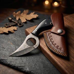 May include: A fixed-blade knife with a Damascus steel blade featuring a circular cutout, a black handle with two brass pins, and a brown leather sheath with decorative stitching and a metal snap button closure.