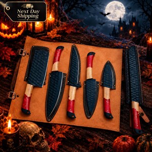 Crimson Resin & Wood Kitchen Knife Set with Black Blades and Leather Sheath