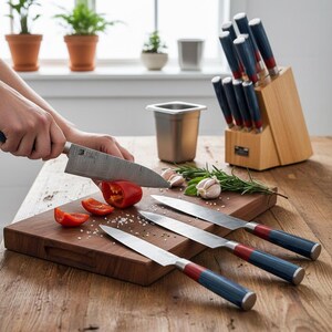 Puede incluir: Una tabla de cortar de madera con un pimiento rojo cortado por un cuchillo de acero inoxidable. Tres cuchillos adicionales con mangos azules y rojos est&aacute;n en la tabla. Un bloque de cuchillos de madera contiene m&aacute;s cuchillos. La imagen est&aacute; etiquetada "Handcrafted in USA."