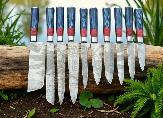 Hand Forged Damascus Chef Set | Blue & Red Wood Handle, Leather Roll | Independence Day Special