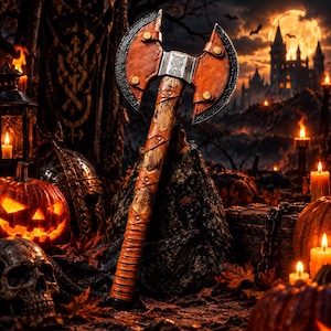 May include: A double-bitted axe featuring a wooden handle wrapped in brown leather straps with brass rivets. The axe head has a metallic finish with intricate engravings and is partially covered by a brown leather sheath secured with brass buttons.