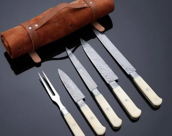 Juego de cuchillos de Damasco para falda de res de 5 piezas / Cuchillo para carne y tenedor para trinchar / Estuche de cuero