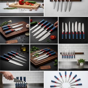Puede incluir: Colecci&oacute;n de cuchillos de cocina con mangos azules, rojos y plateados. Los cuchillos se exhiben en una tabla de cortar de madera con verduras, un soporte magn&eacute;tico para cuchillos y un bloque de cuchillos de madera. Las hojas tienen un patr&oacute;n &uacute;nico.