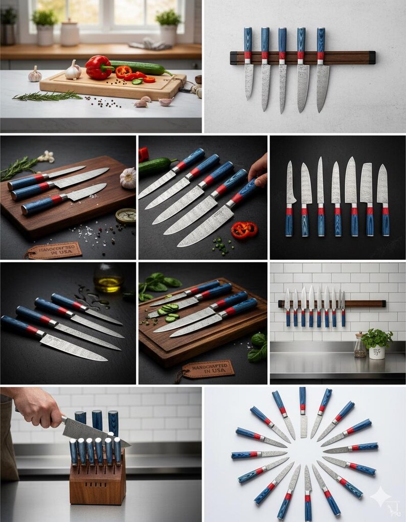 Puede incluir: Colecci&oacute;n de cuchillos de cocina con mangos azules, rojos y plateados. Los cuchillos se exhiben en una tabla de cortar de madera con verduras, un soporte magn&eacute;tico para cuchillos y un bloque de cuchillos de madera. Las hojas tienen un patr&oacute;n &uacute;nico.