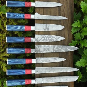 Puede incluir: Una variedad de cuchillos de acero de Damasco con mangos azules y rojos. Las hojas tienen patrones intrincados, y los mangos son una combinaci&oacute;n de madera azul y detalles rojos. Los cuchillos est&aacute;n dispuestos sobre una superficie de madera, con follaje verde de fondo.