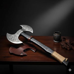 May include: A double-bladed axe with a black handle and silver blades, featuring intricate Celtic knot designs. The axe rests on a wooden surface, accompanied by a brown leather sheath. The handle is wrapped with rope.