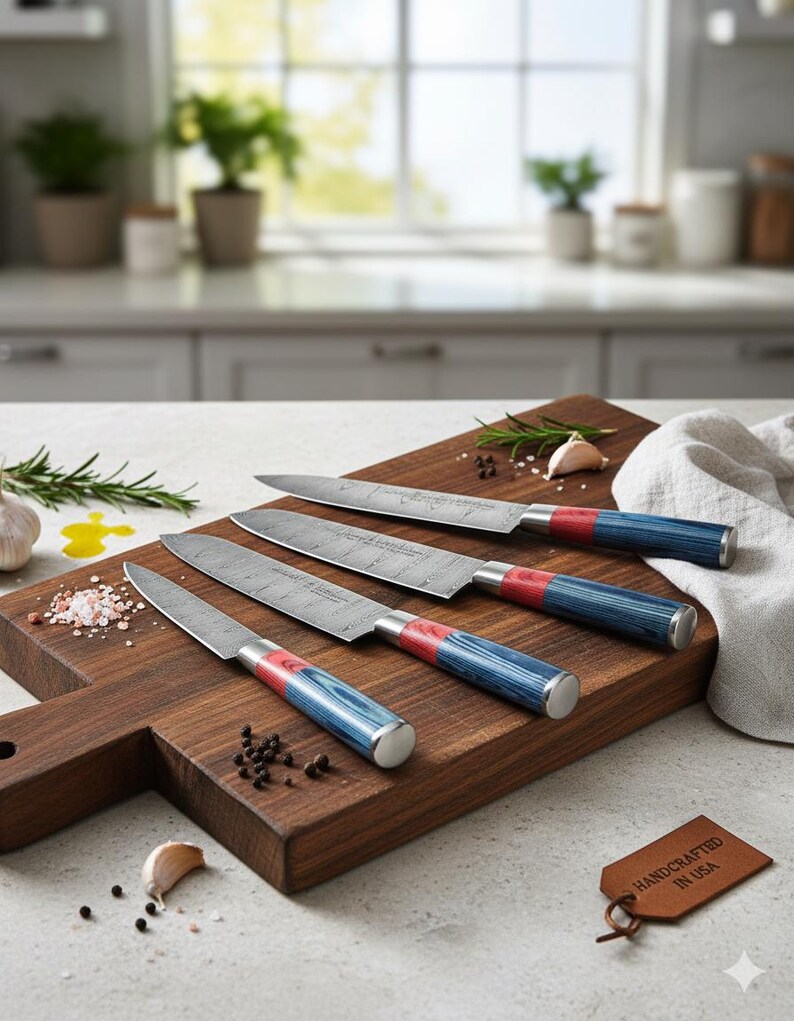 Puede incluir: Cuatro cuchillos de cocina con hojas estampadas y mangos azules y rojos descansan sobre una tabla de cortar de madera. Los cuchillos est&aacute;n colocados en la tabla con una etiqueta que dice "Handcrafted in USA". La tabla de cortar es marr&oacute;n y tiene un asa.