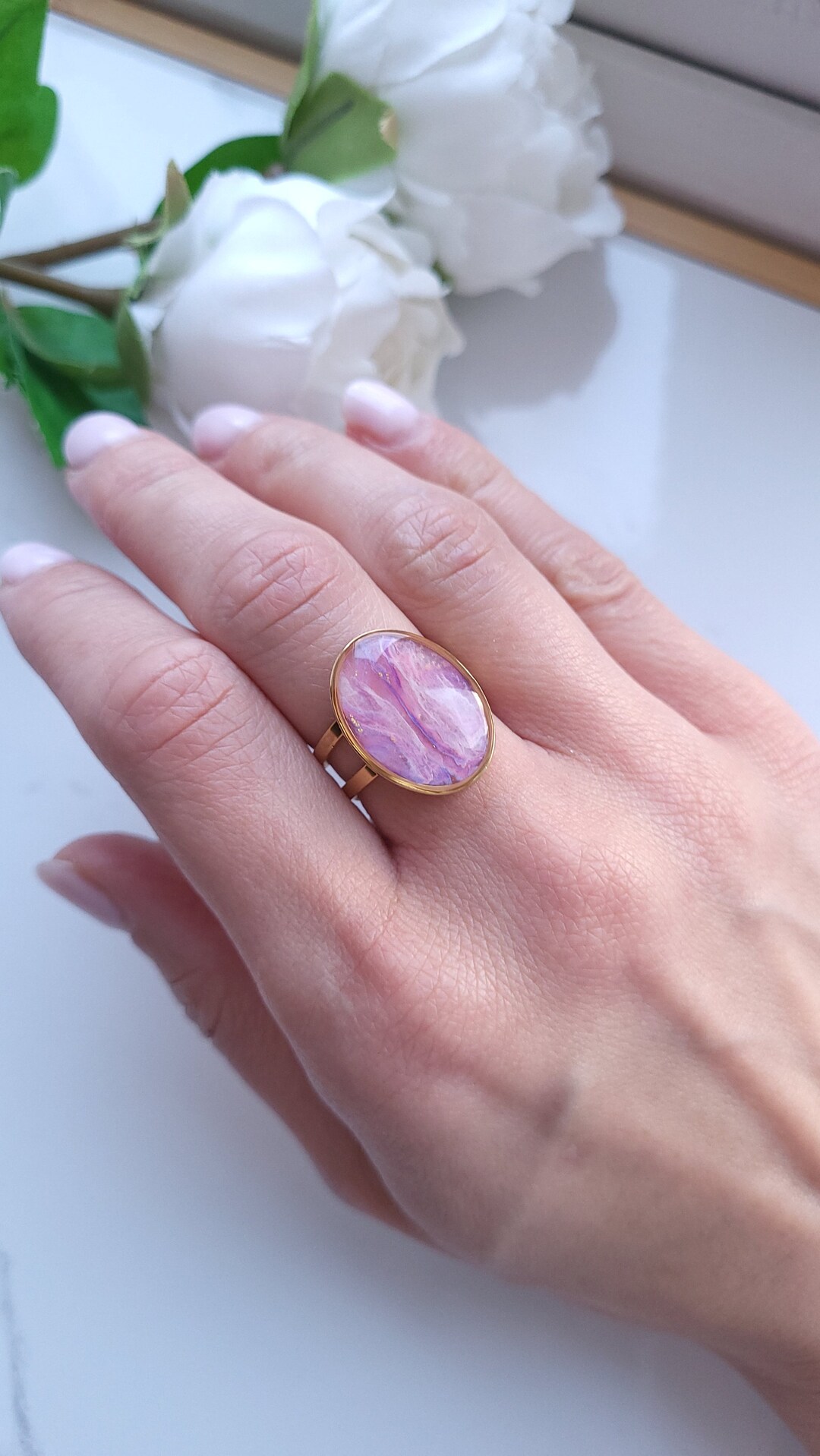 Beautiful Marble Rings Light Coral, Purple and Gold Marble Ring | Handmade Polymer Clay Ring ...