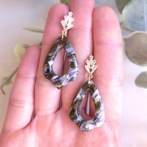 Green, White, Black and Gold Marble Earrings | Handmade Polymer Clay Earrings | Statement Dangle Earrings