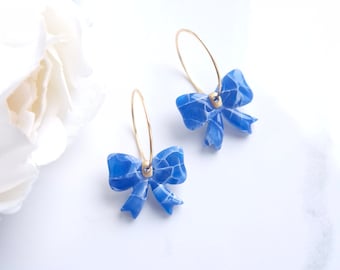 Blue and White Marble Earrings | Handmade Polymer Clay Earrings | Statement Hoop Bow Earrings