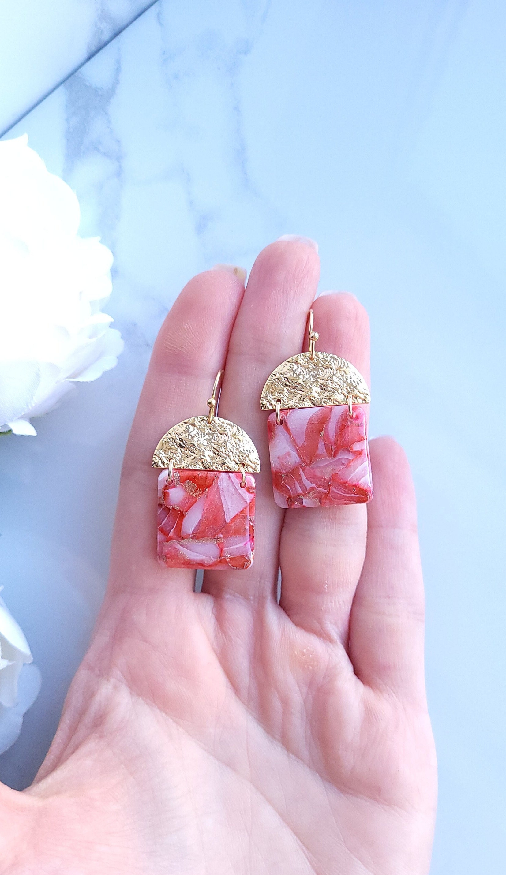 Red/Pink & Golden Green Marble Earrings | Handmade Polymer Clay Statement Dangle