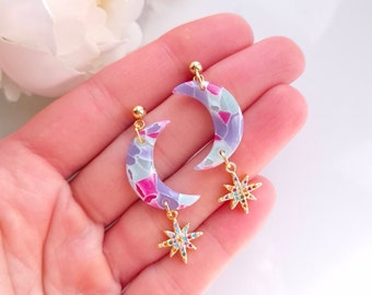 Pastel Purple, Green and Pink Marble Earrings | Handmade Polymer Clay Earrings | Statement Dangle Moon and Star Earrings