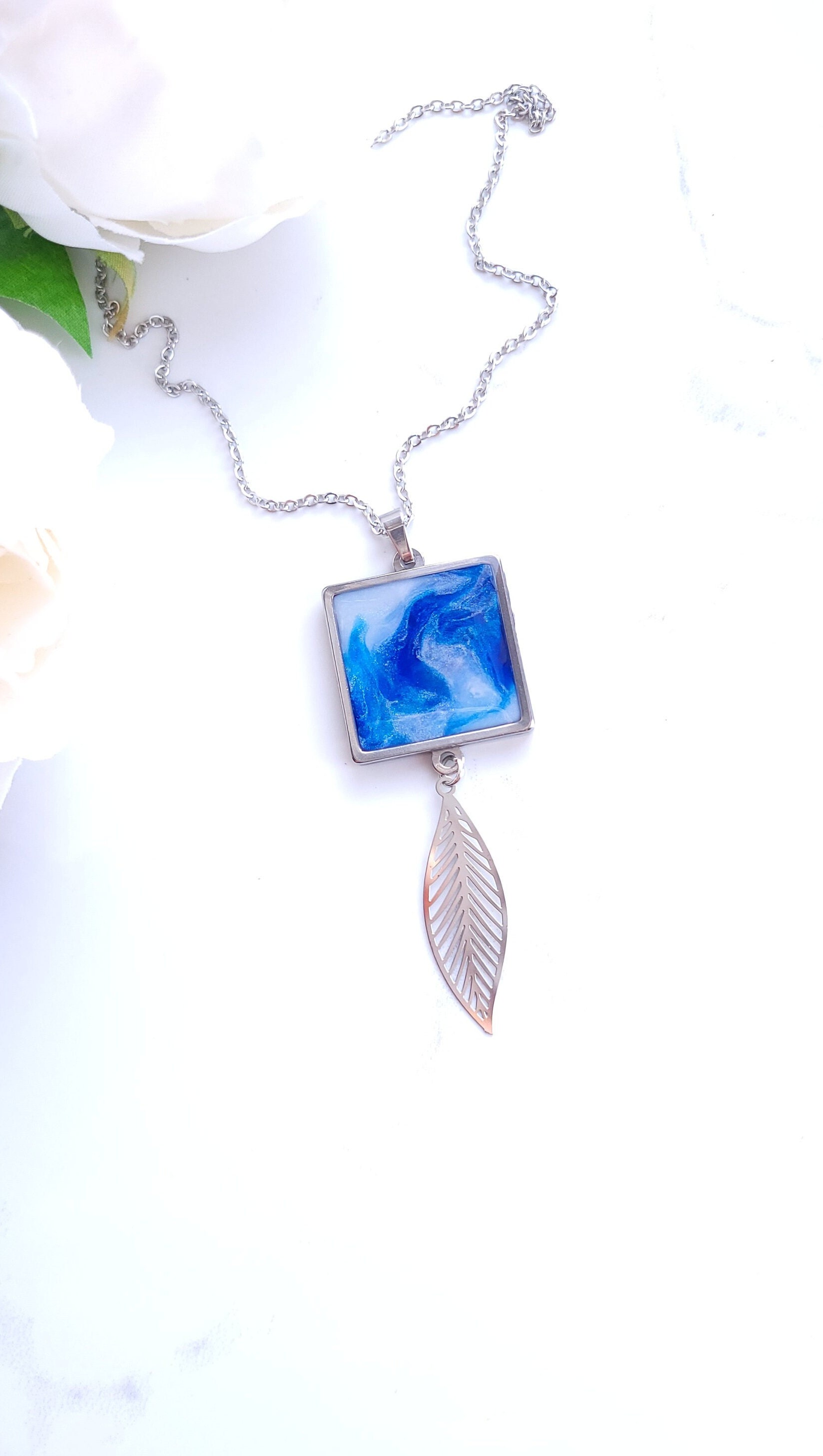 Blue, White & Pearl Marble Pendant Necklace | Handmade Polymer Clay Unique