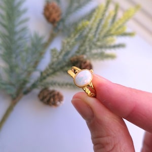 Peut inclure: Une bague dorée ornée d'une pierre opale blanche ovale. La bague est tenue dans une main, avec un arrière-plan flou de verdure et de pommes de pin. La bande de la bague a un motif texturé.