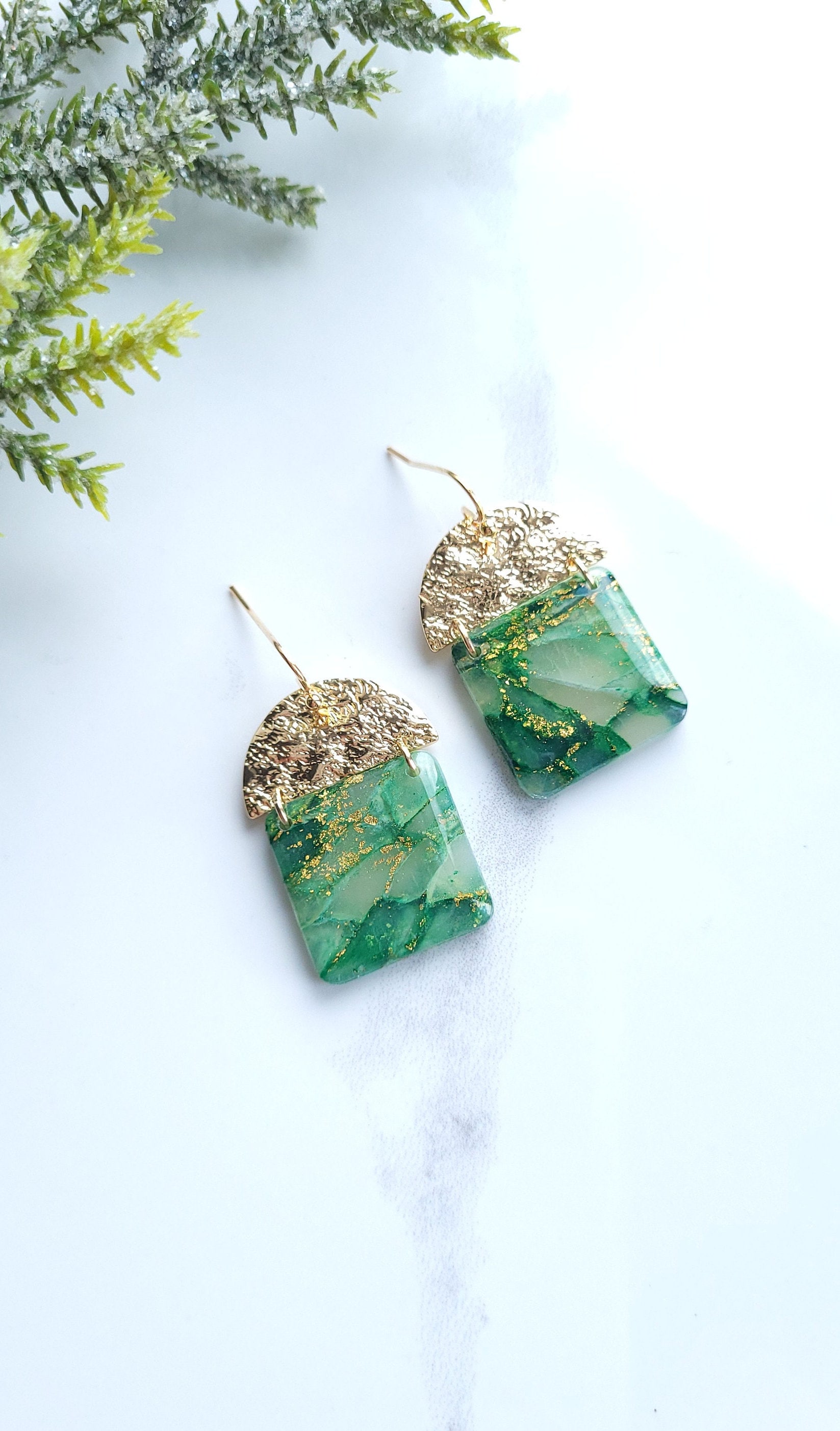 Green & Gold Marble Earrings | Handmade Polymer Clay Statement Dangle