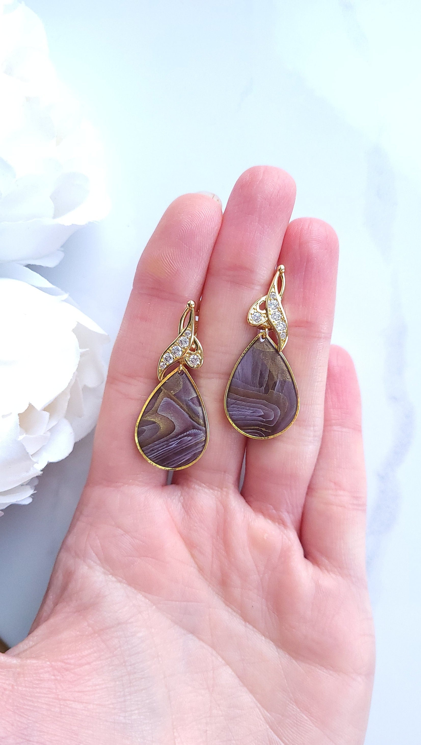 Purple/ Brown and Gold Marble Earrings Handmade Polymer Clay