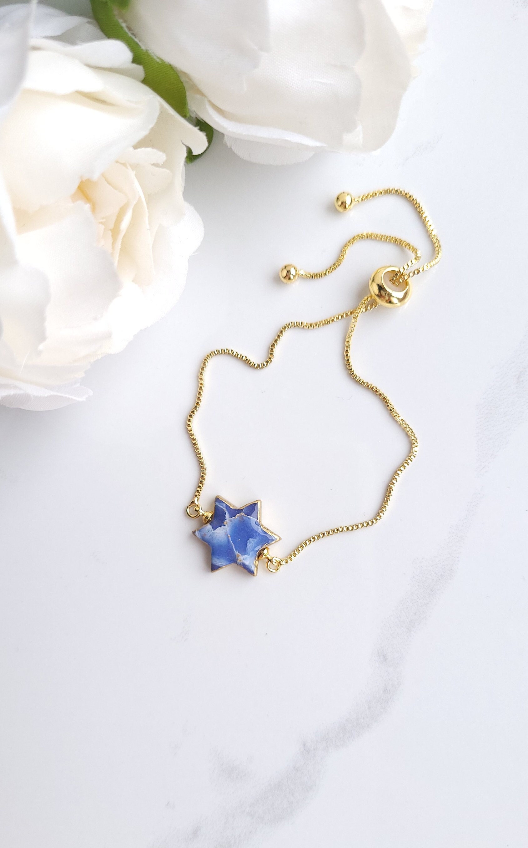 Blue, White & Gold Marble Bracelet | Handmade Polymer Clay Statement Star Adjustable