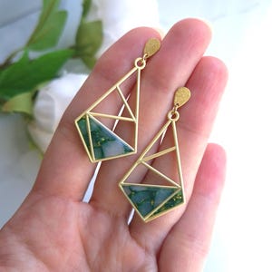 Emerald Green and Gold Marble Translucent Earrings | Handmade Polymer Clay Earrings | Statement Dangle Earrings