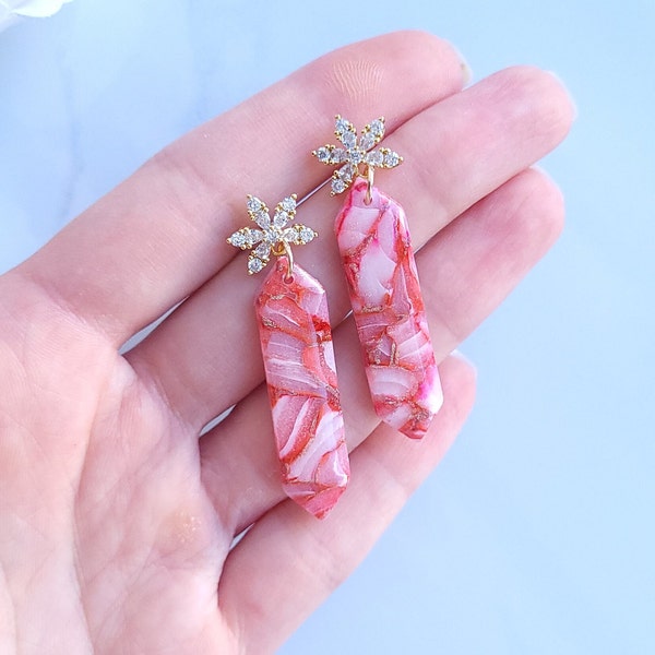 Red/Pink and Golden Green Marble Earrings | Handmade Polymer Clay Earrings | Statement Dangle Earrings