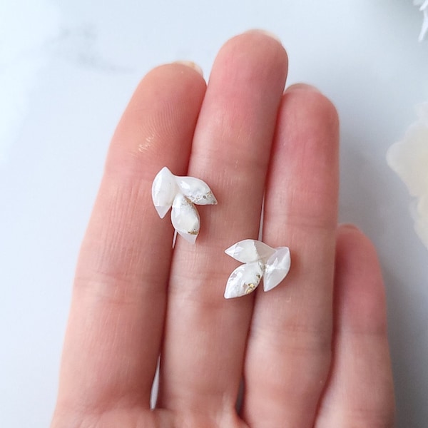 White and Gold Marble Stud Earrings | Handmade Polymer Clay Earrings | Small Leaf Stud Earrings