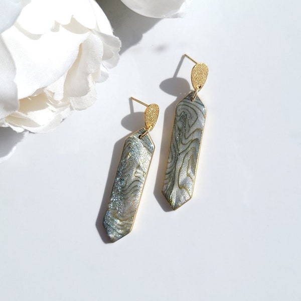 Shimmery Sage Green and Gold Translucent Marble Earrings | Handmade Polymer Clay Earrings | Statement Dangle Earrings