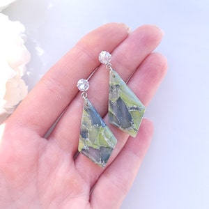 Sage Green and Silver Translucent Marble Earrings | Handmade Polymer Clay Earrings | Statement Dangle Earrings