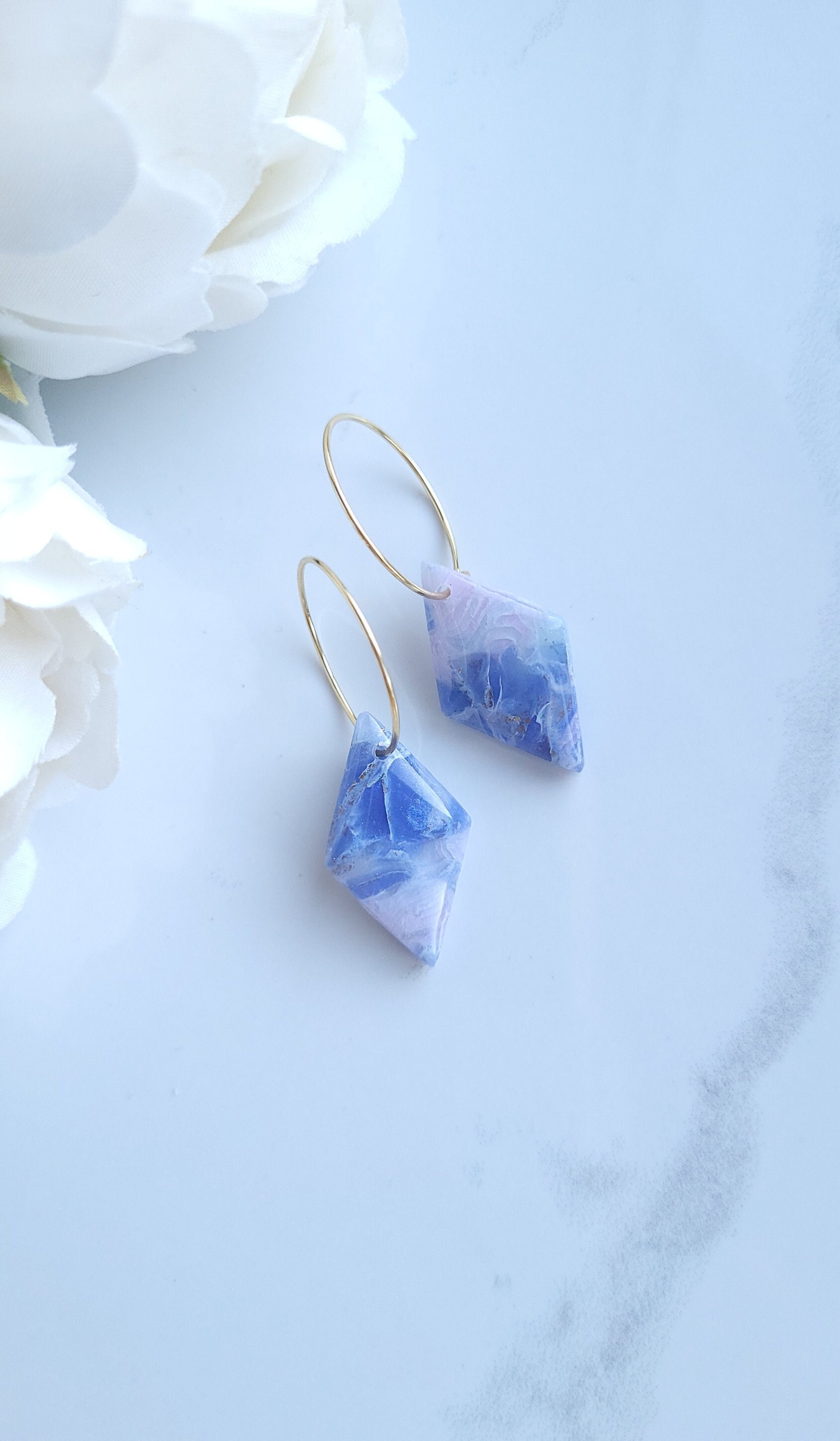 Pastel Blue & Lilac Marble Earrings Handmade Polymer Clay Statement Hoop