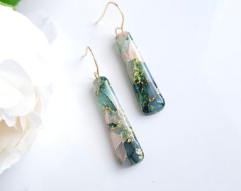 Green, Pink and Gold Marble Earrings | Handmade Polymer Clay Earrings | Statement Dangle Earrings