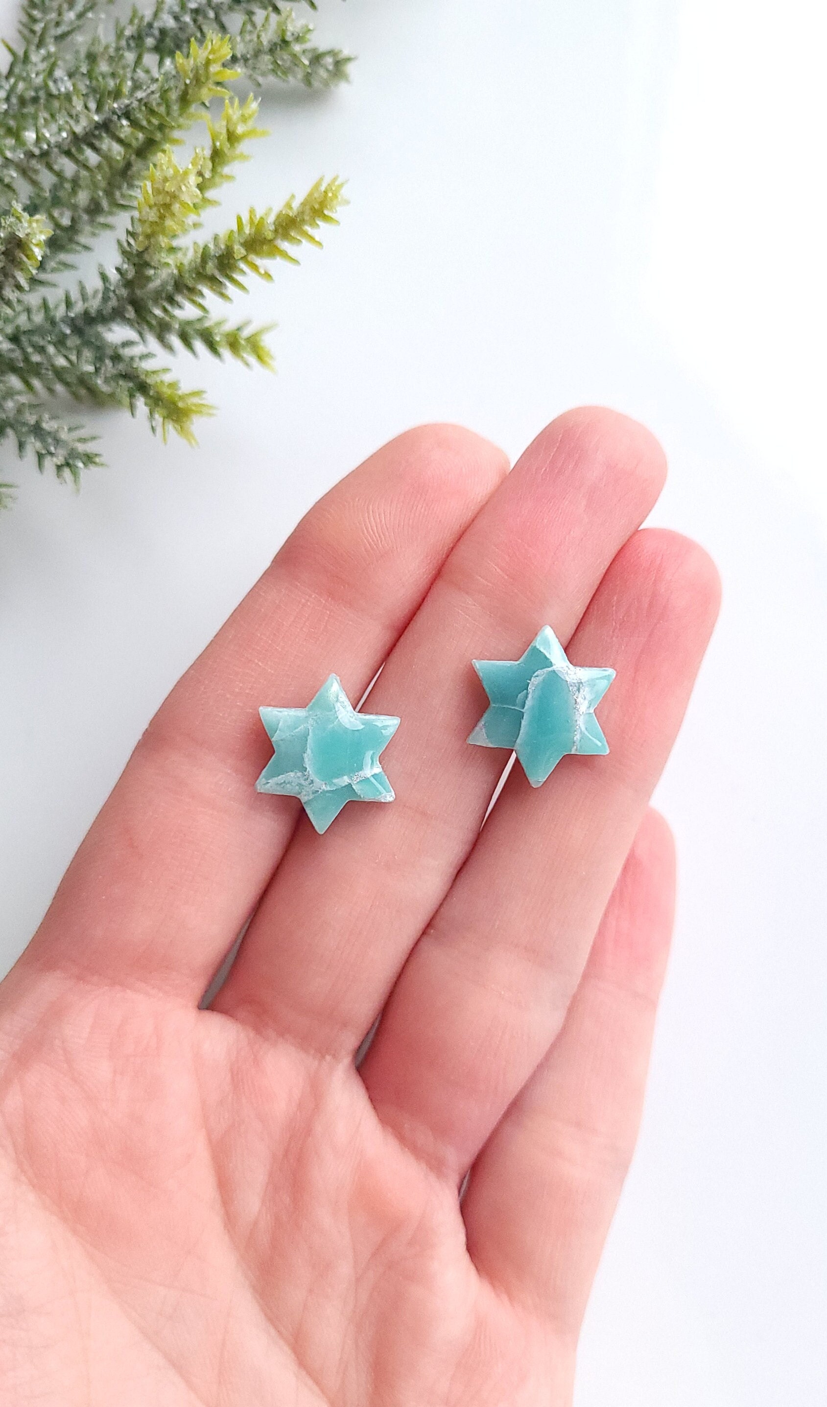 Light Blue Turquoise & Silver Marble Earrings | Handmade Polymer Clay Statement Star Stud