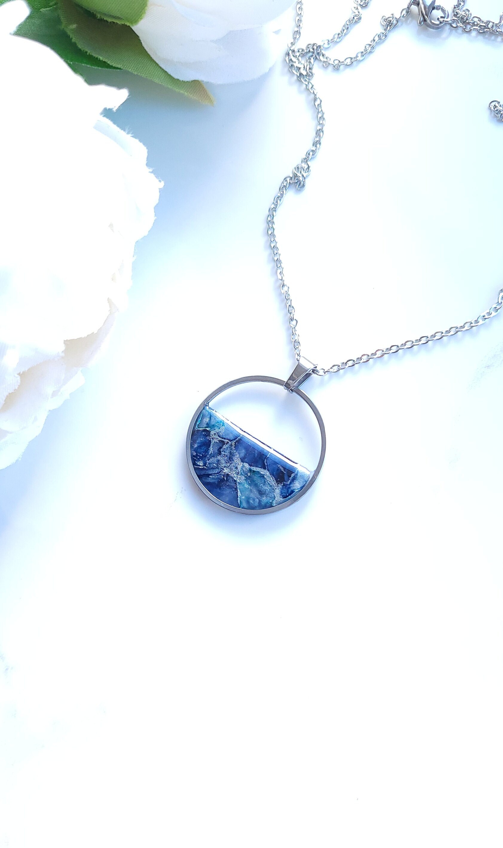 Dark Blue, Turquoise & Silver Marble Pendant Necklace | Handmade Polymer Clay Unique
