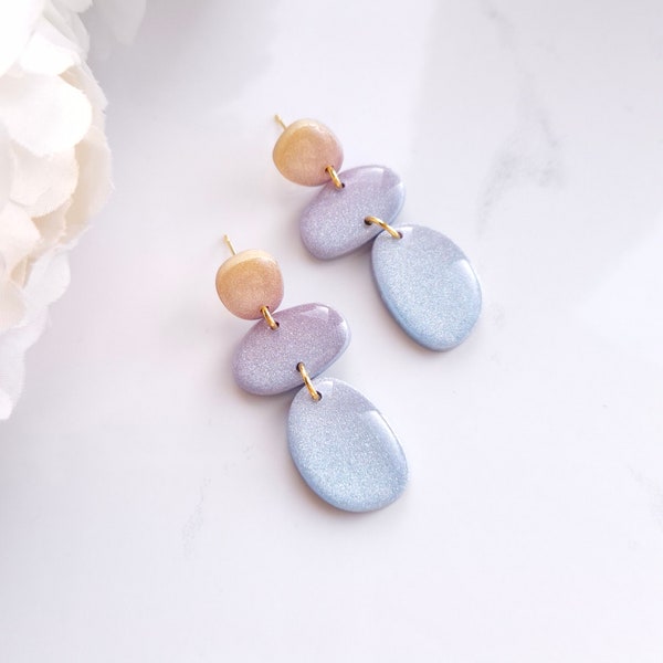 Pastel Yellow, Lilac and Blue Gradient Earrings | Handmade Polymer Clay Earrings | Statement Dangle Earrings