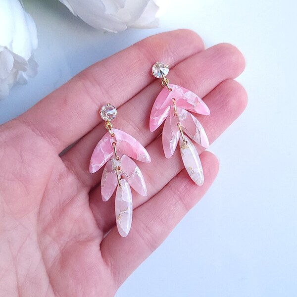 Rose Pink and Gold Gradient Marble Earrings | Handmade Polymer Clay Earrings | Statement Dangle Earrings