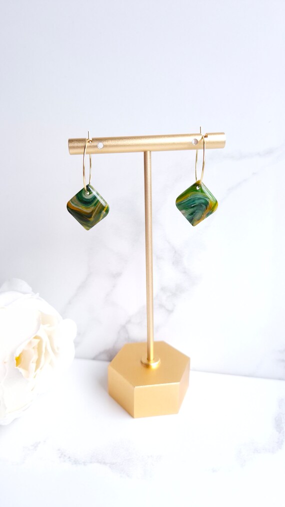 Boucles D'oreilles Céramique Marbré Vert Marron - Pendantes Dormeuses - Occasion TBE